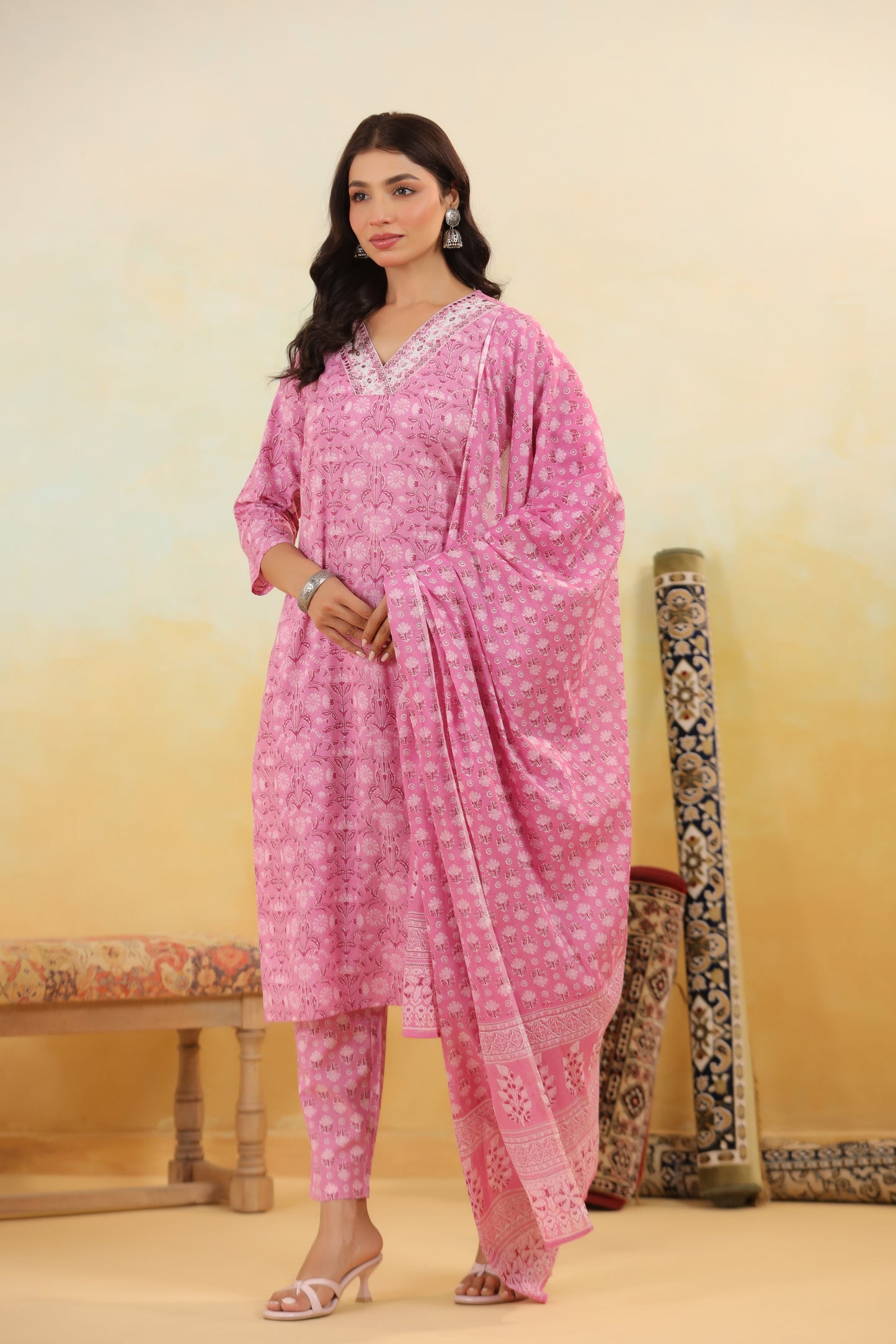 Pink Cotton Kurti Set