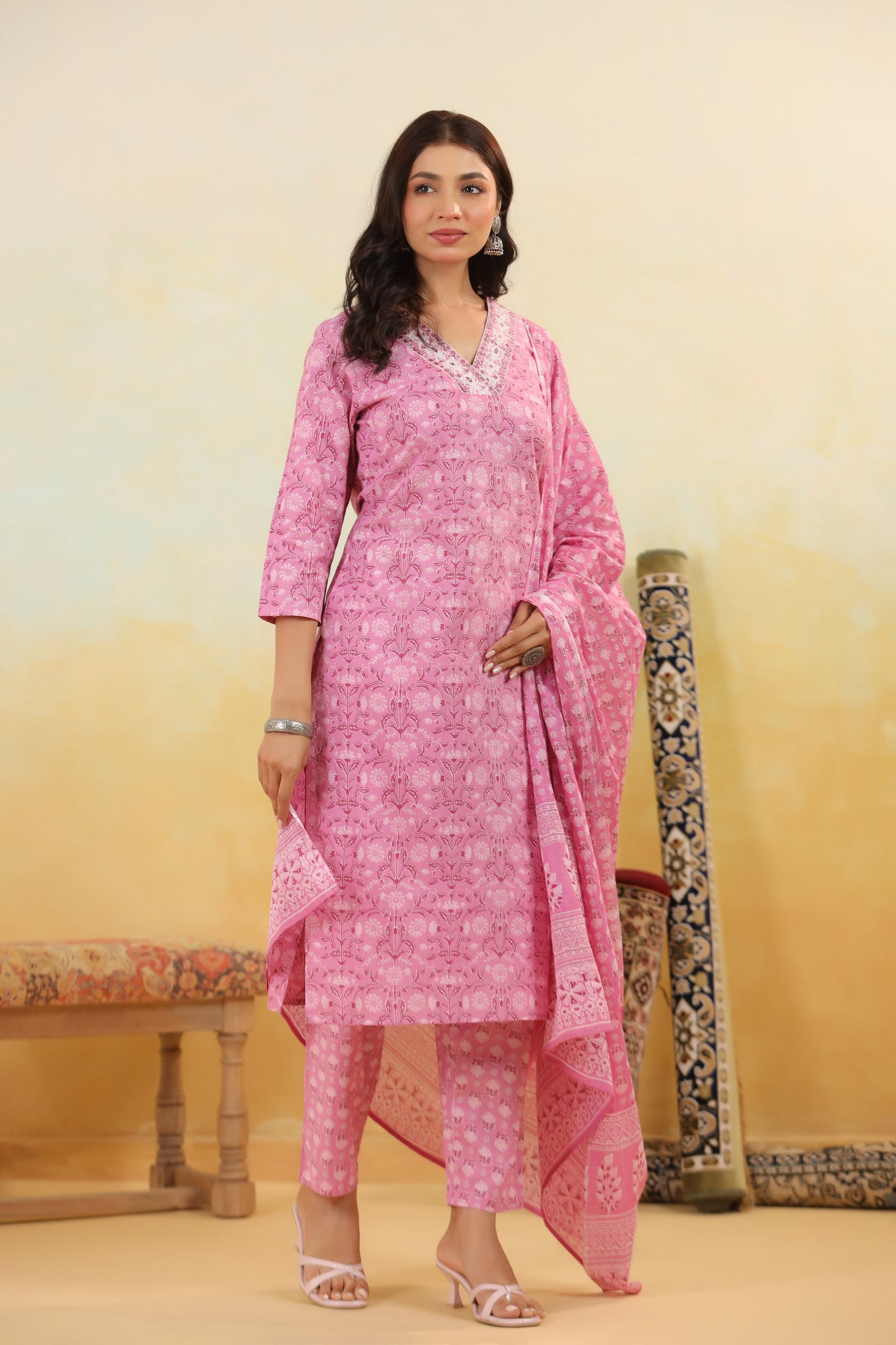 Pink Cotton Kurti Set