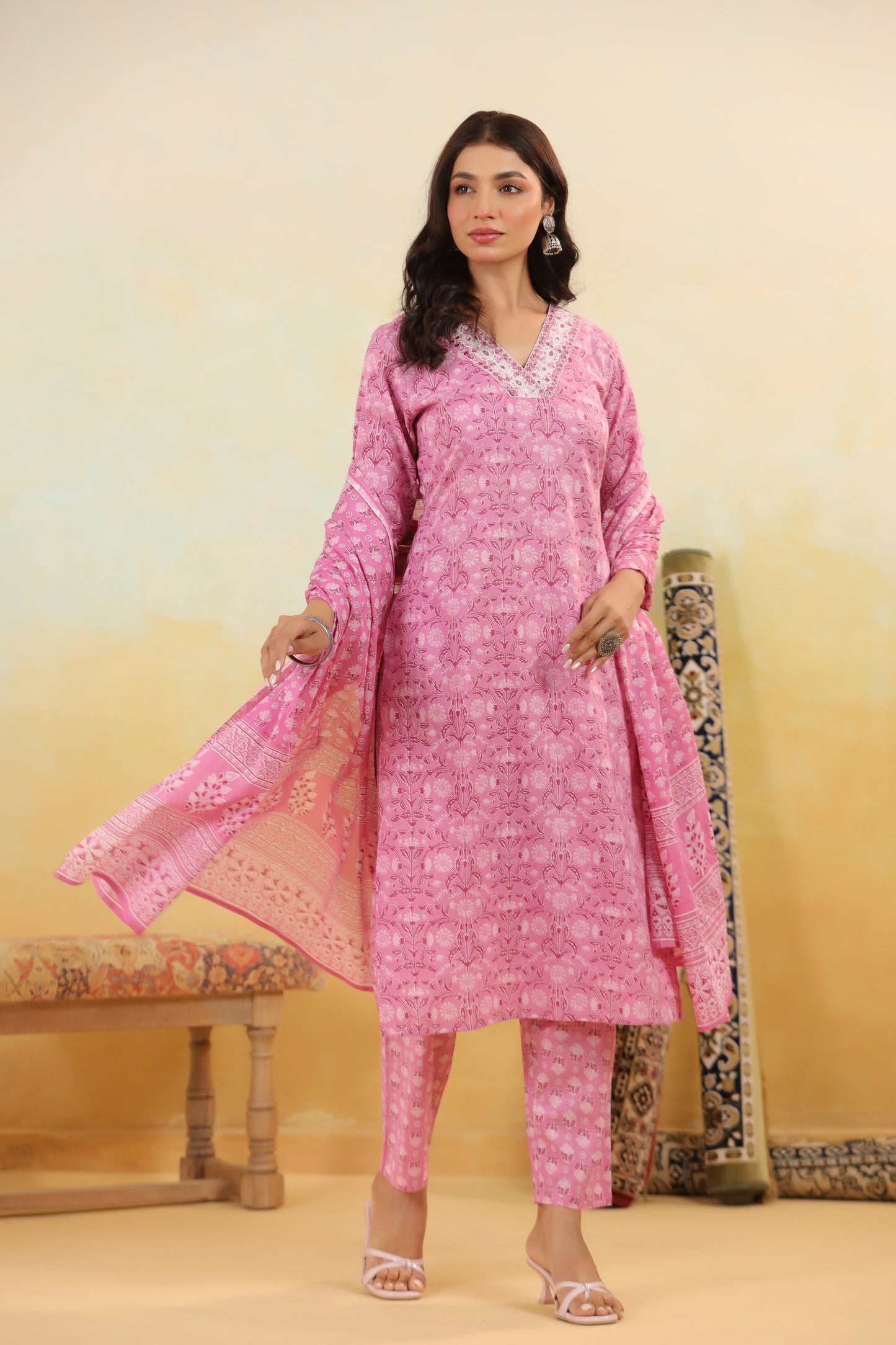 Pink Cotton Kurti Set