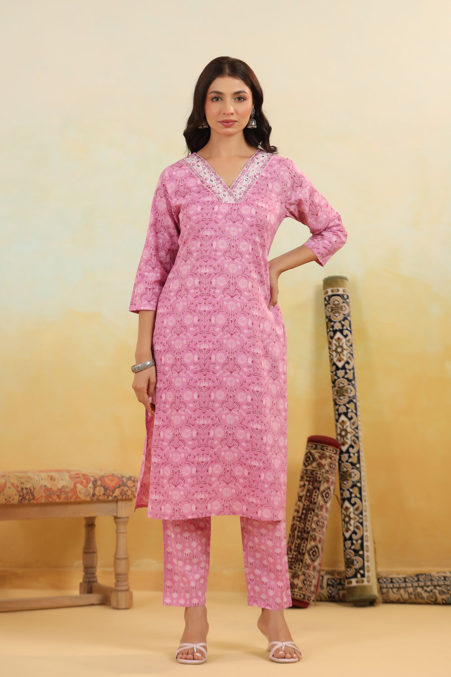 Pink Cotton Kurti Set