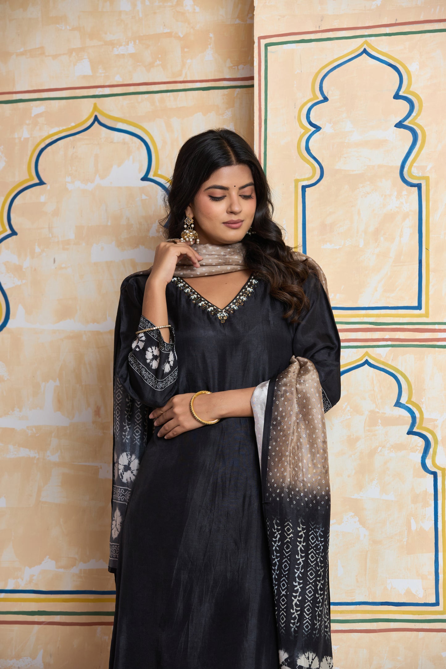 Black and Beige Tie-Dye Kurta Set