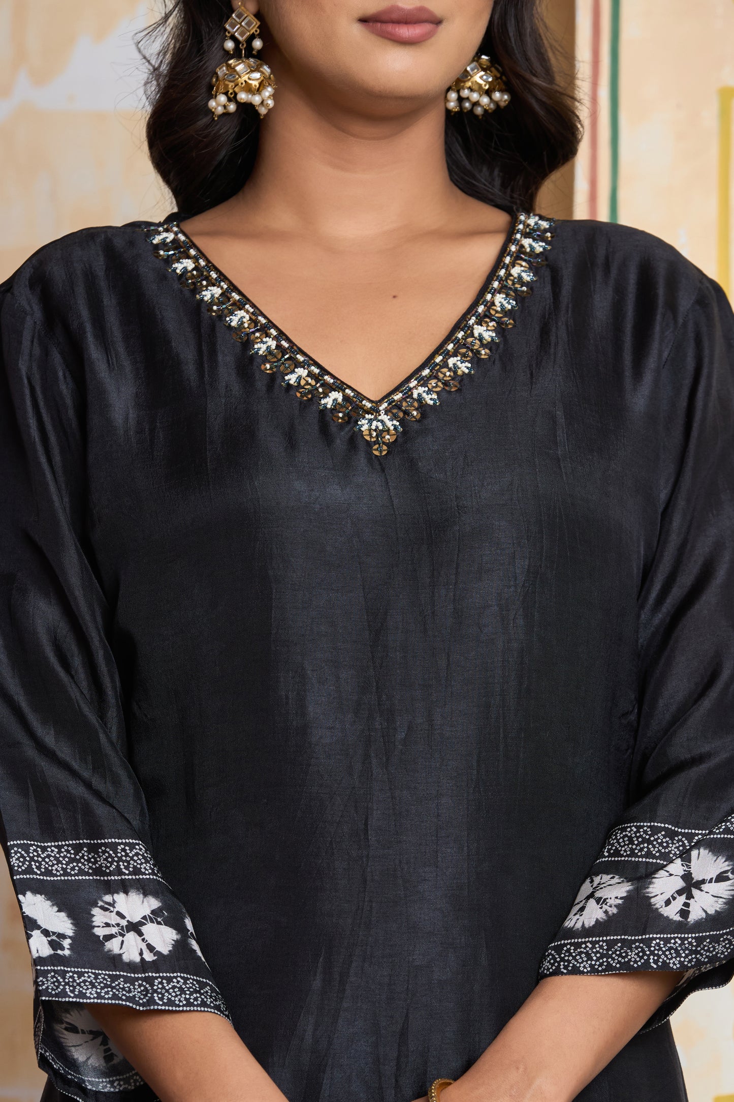 Black and Beige Tie-Dye Kurta Set