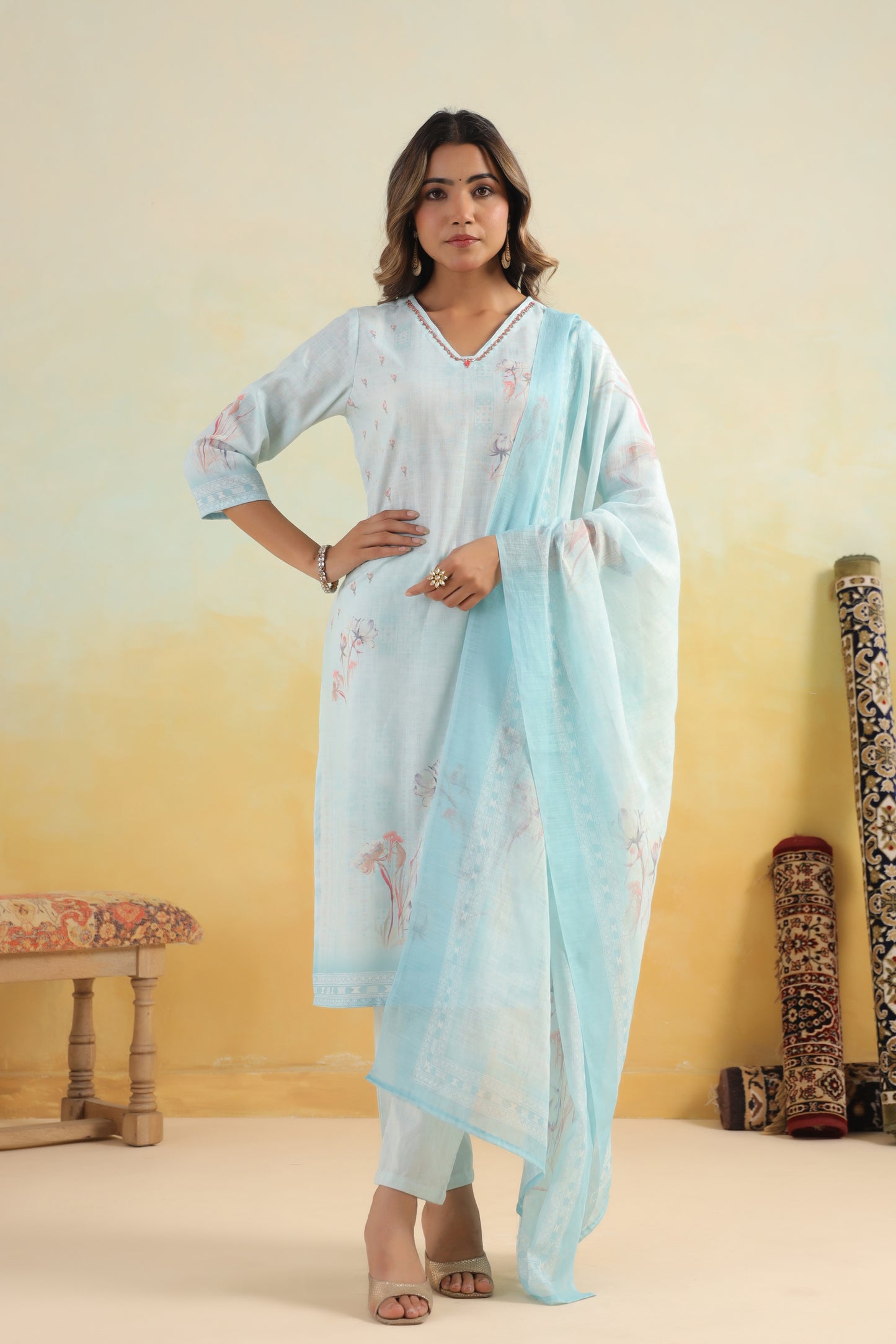 Blue Printed Kurti Set
