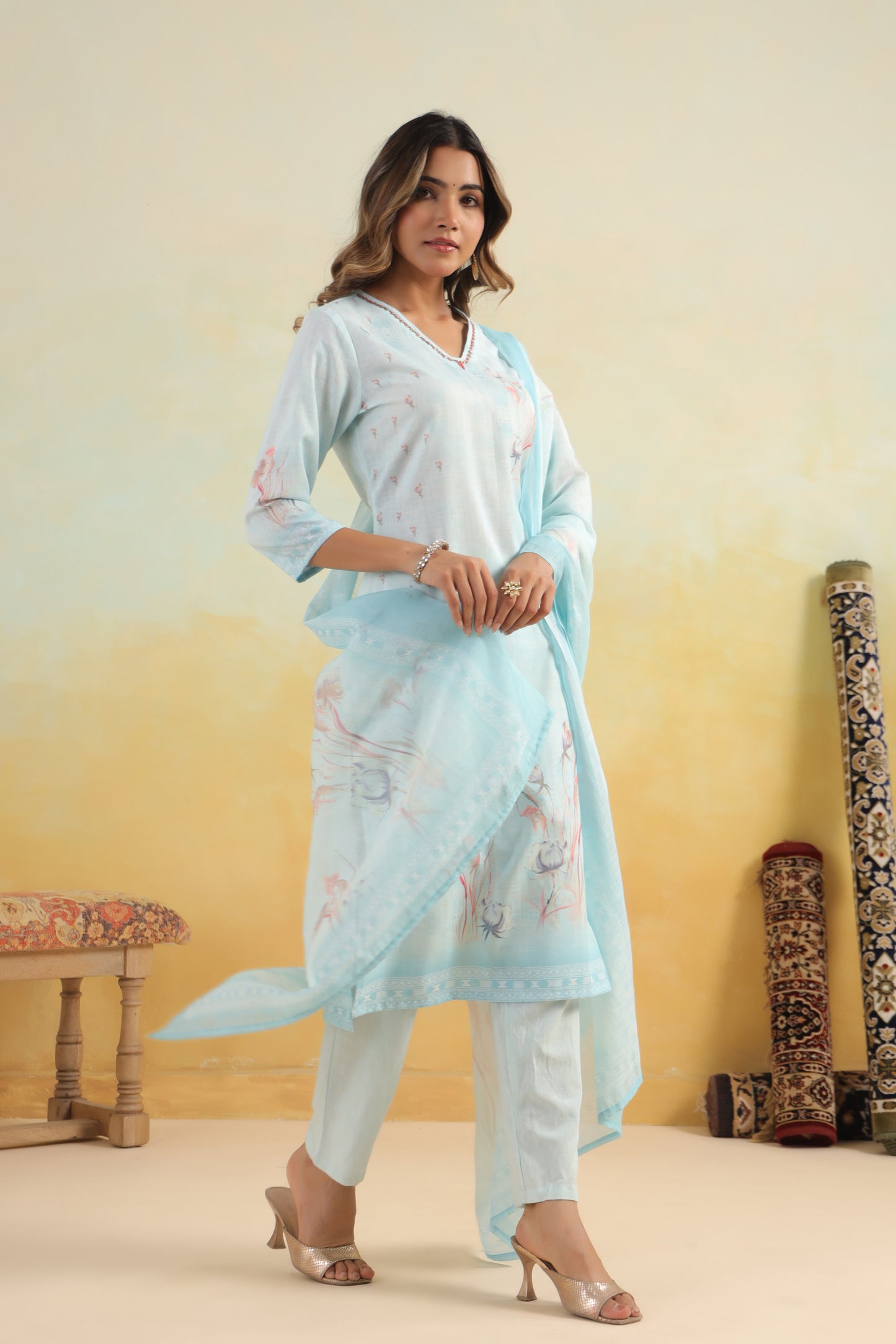 Blue Printed Kurti Set