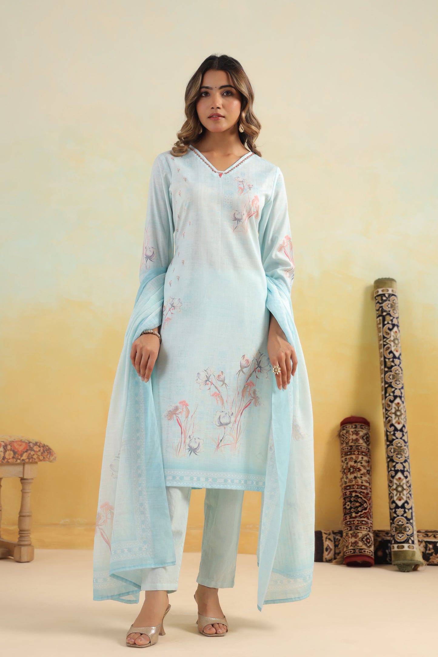 Blue Printed Kurti Set