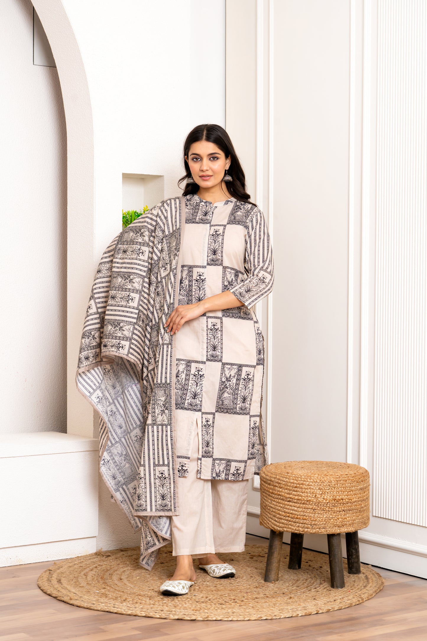Blue and White Printed Kurti Set