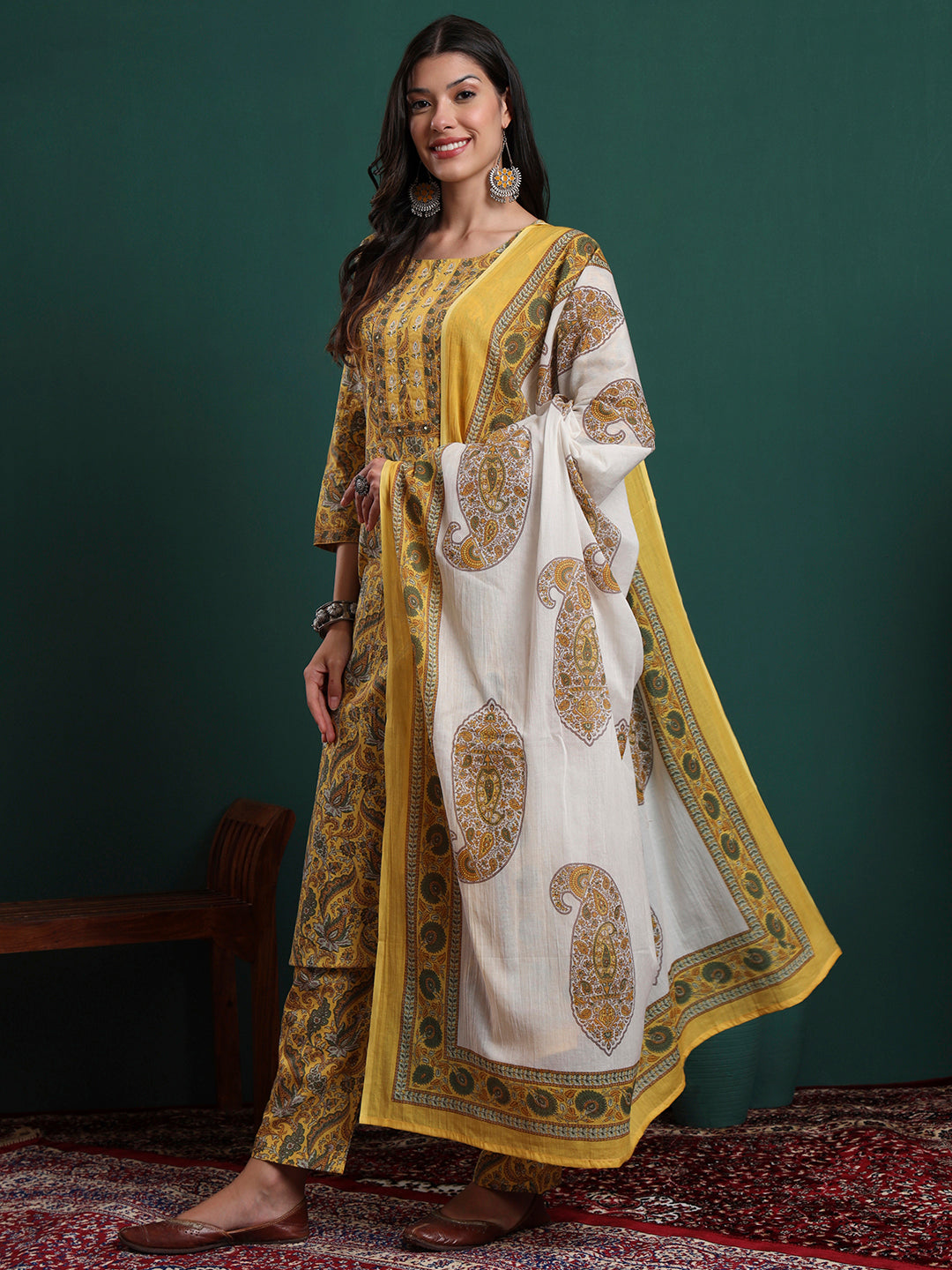 Mustard Printed Kurti Set