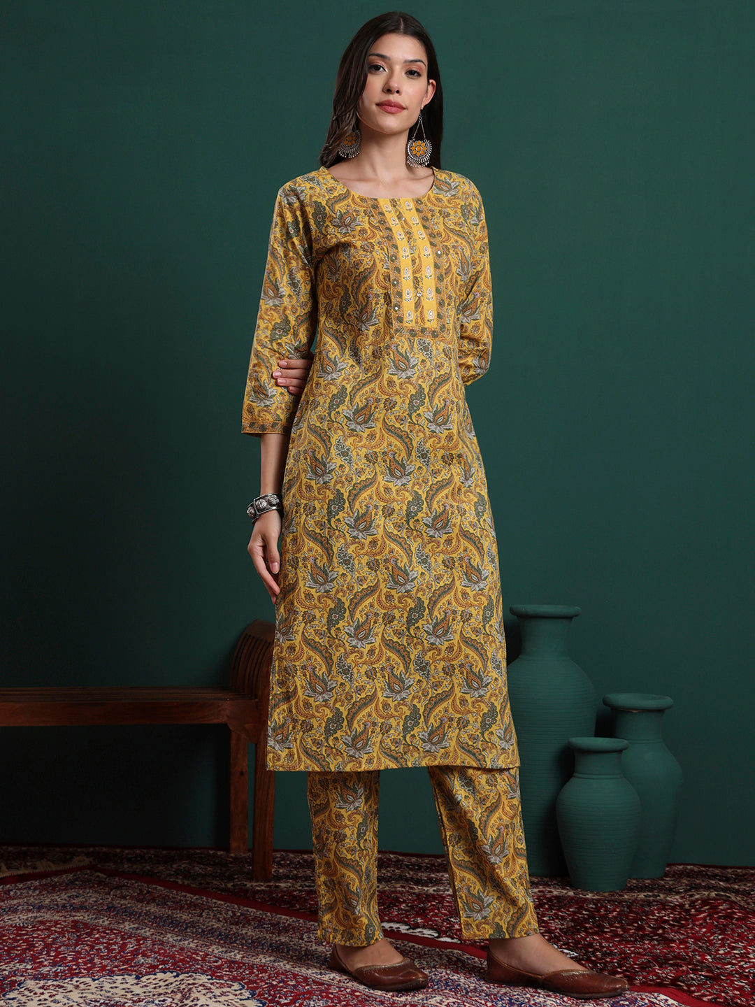 Mustard Printed Kurti Set