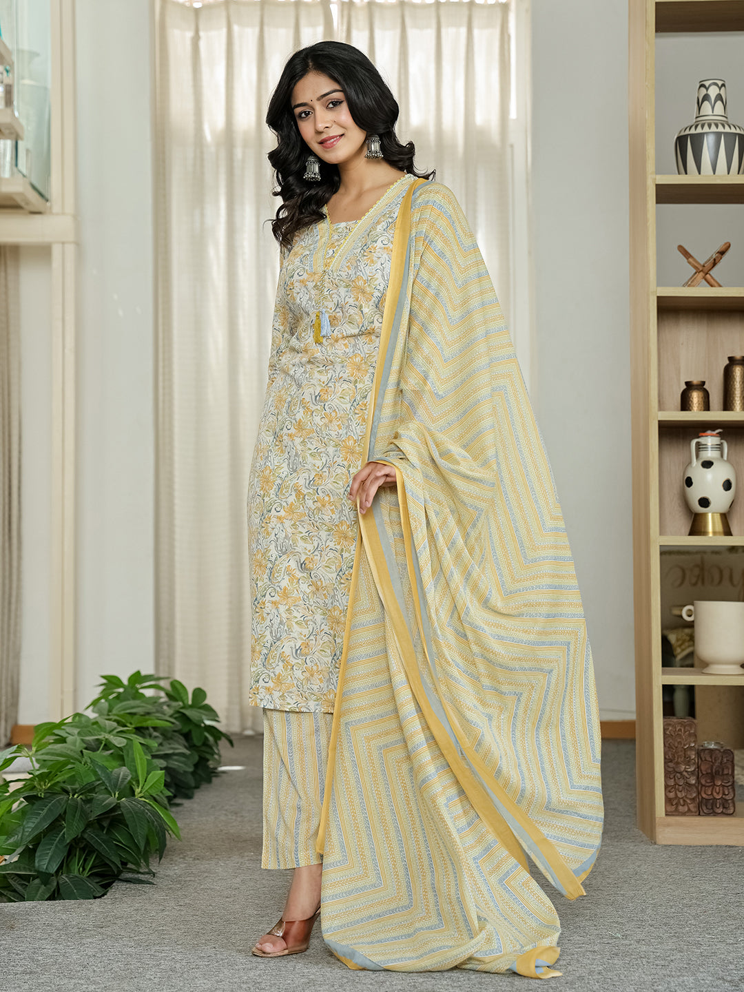 Yellow Printed Kurti Set