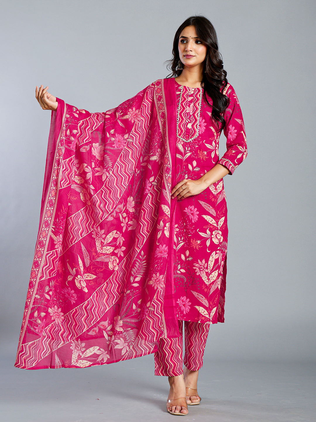 Pink Floral Printed Kurti Set