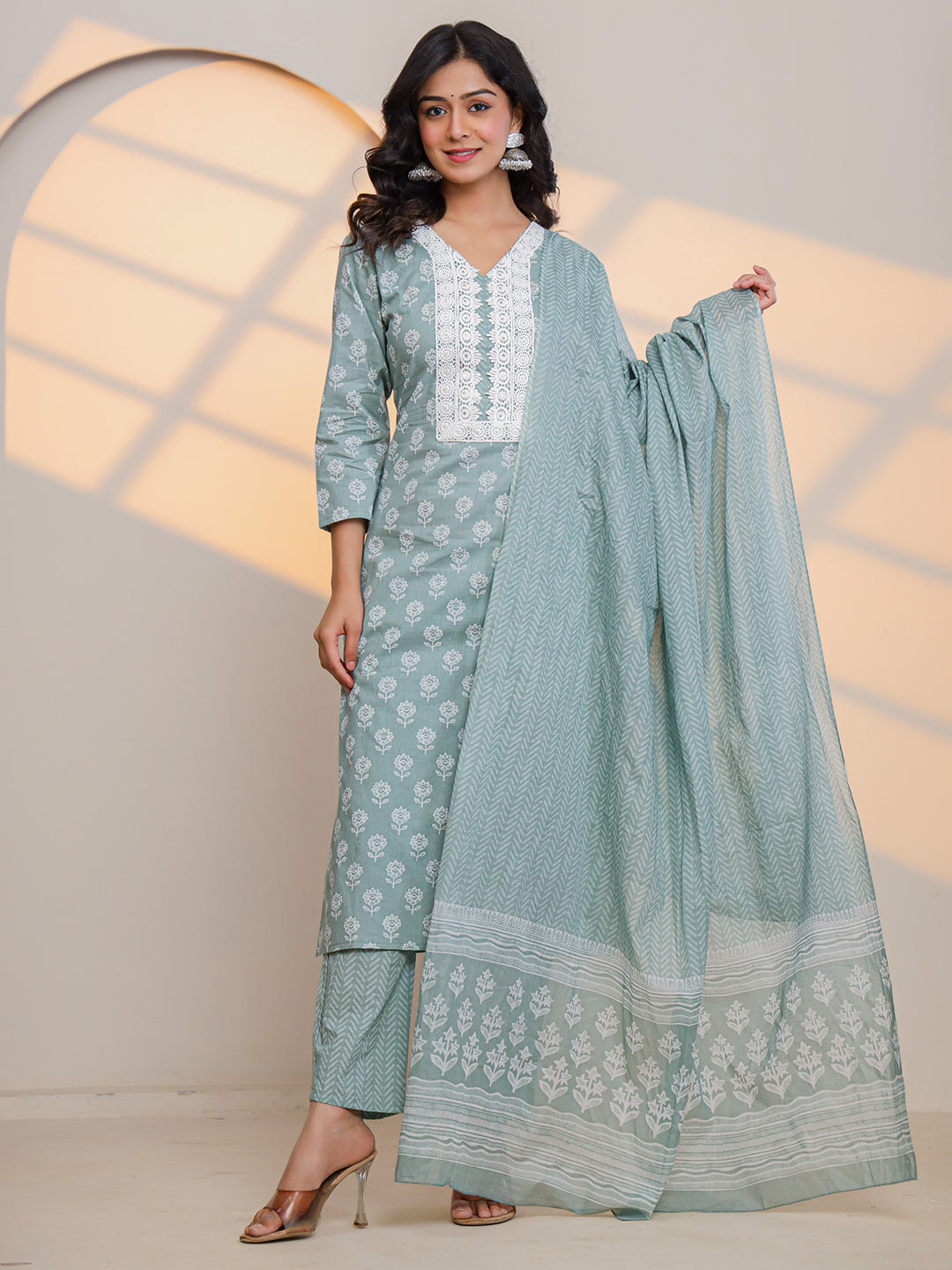 Green Printed Kurti Set