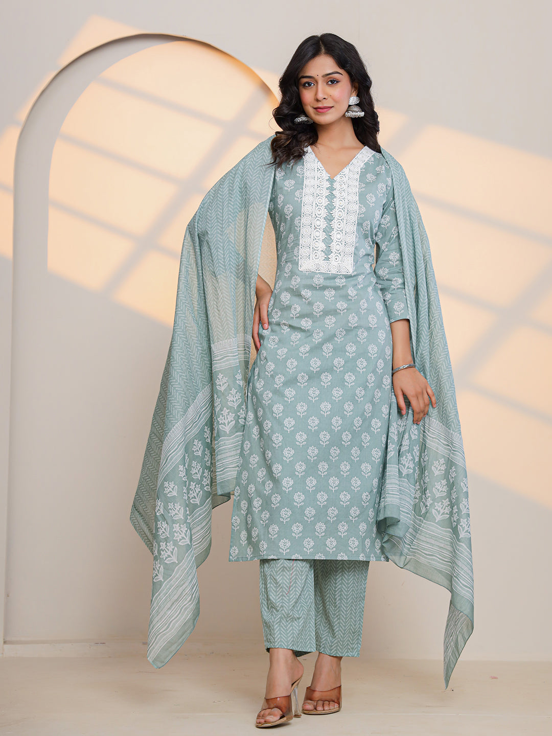 Green Printed Kurti Set