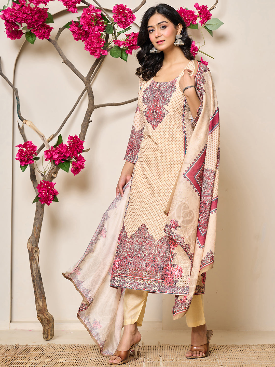 Beige Printed Kurti Set