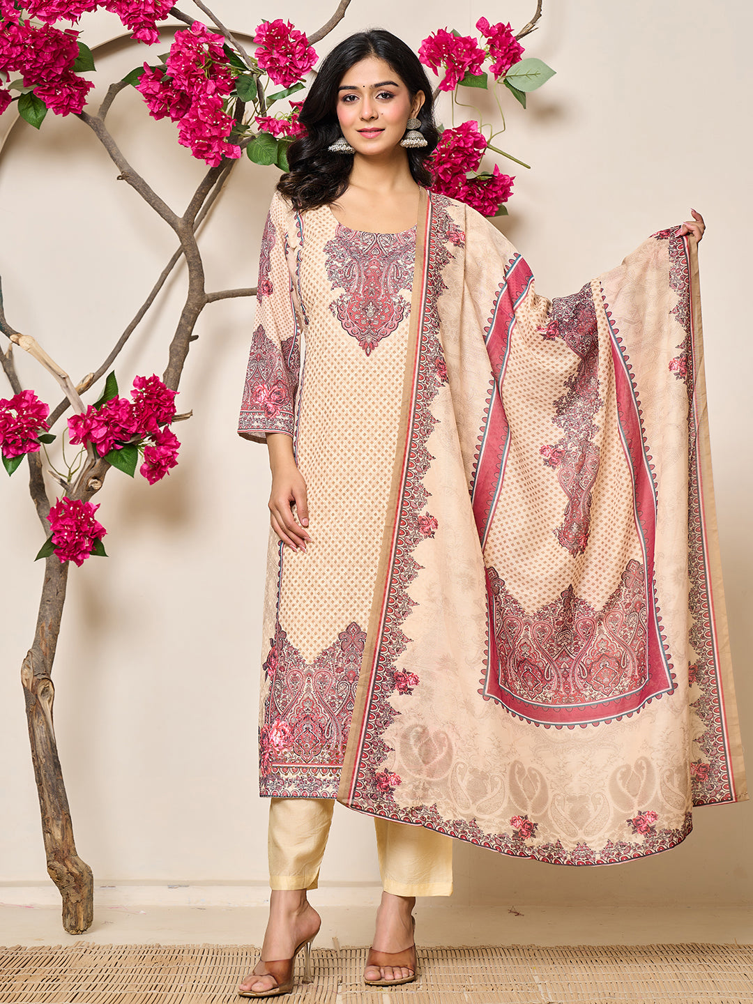 Beige Printed Kurti Set