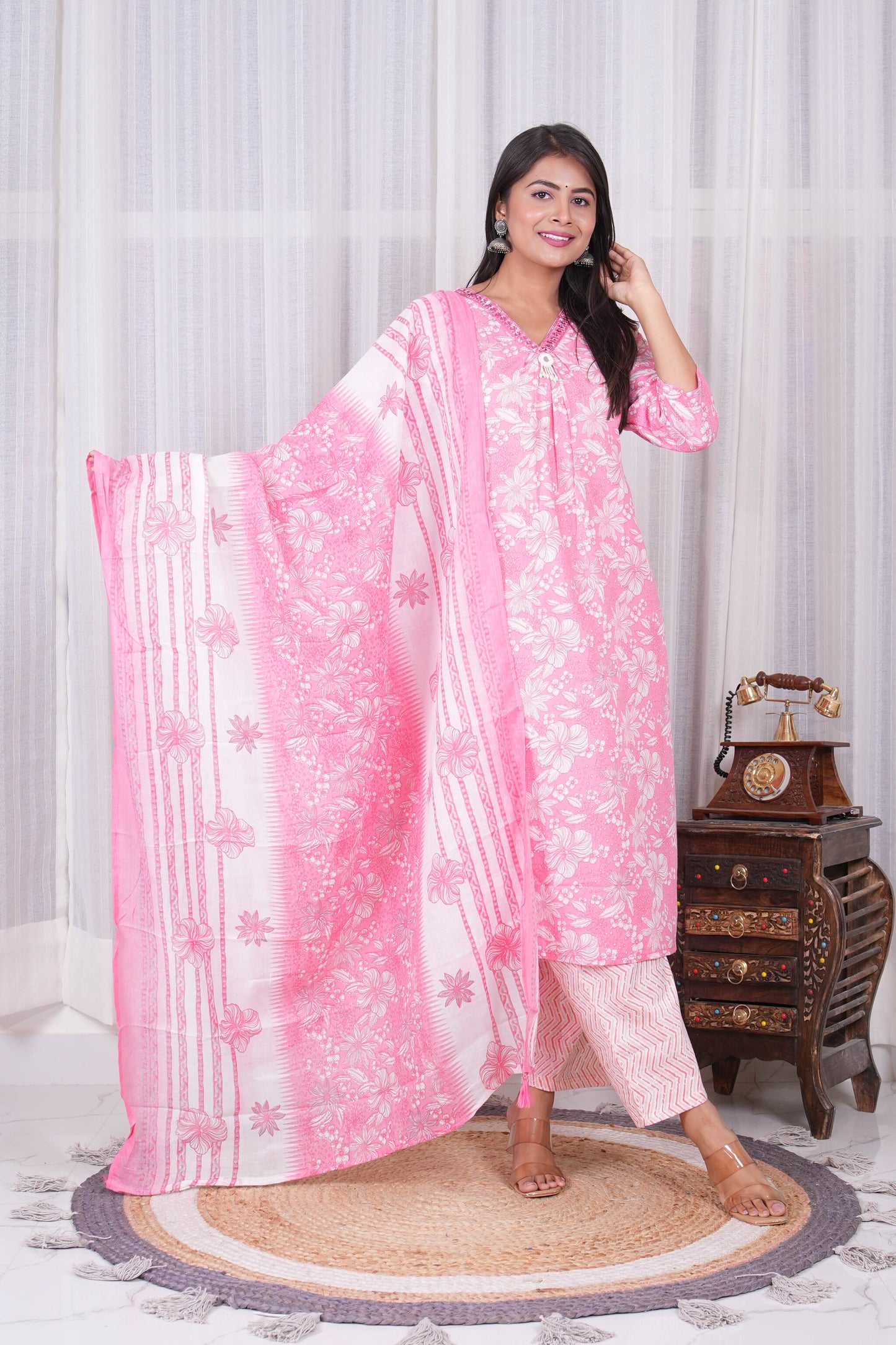 Pink Floral Printed Kurta Set