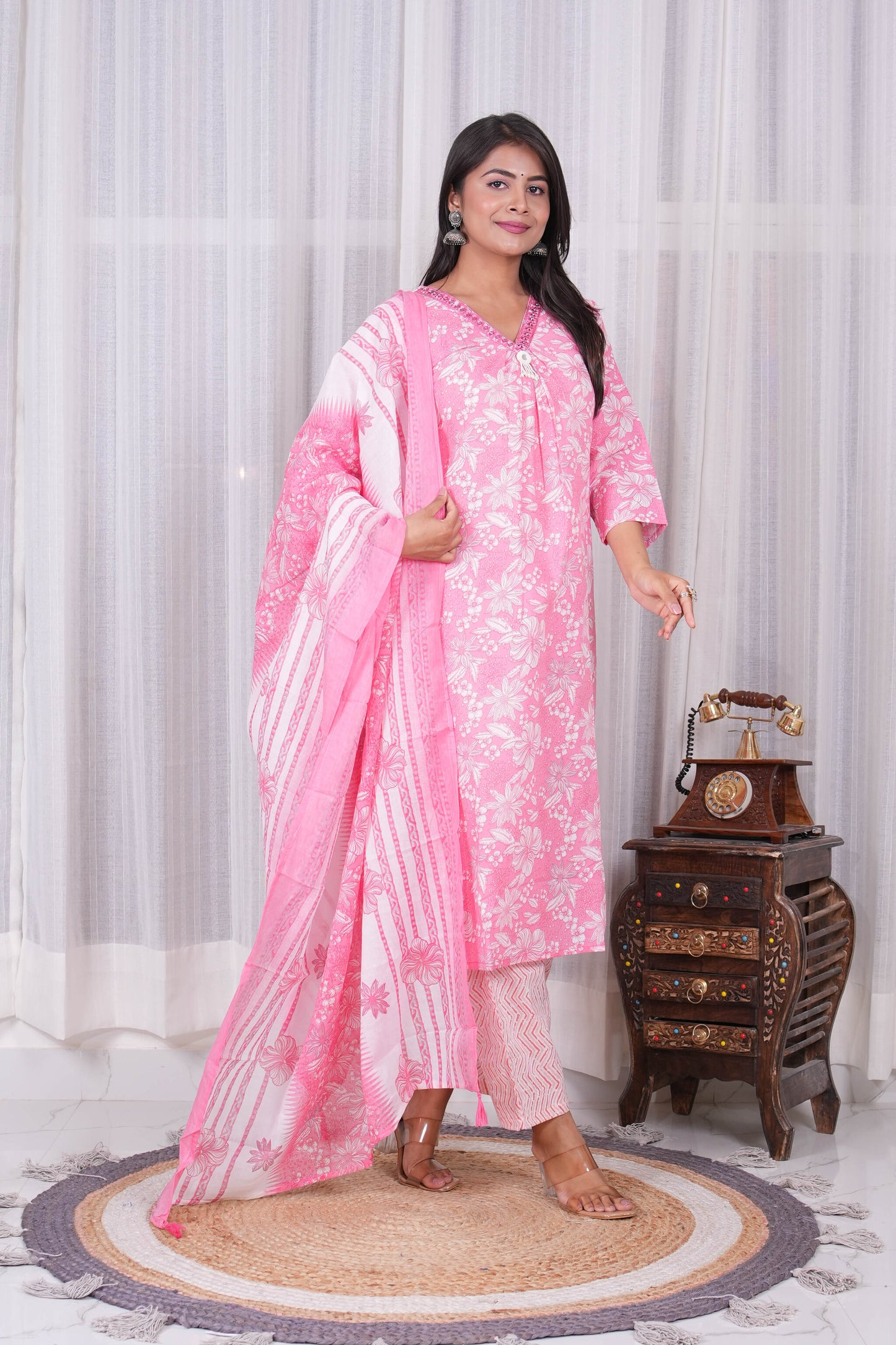 Pink Floral Printed Kurta Set