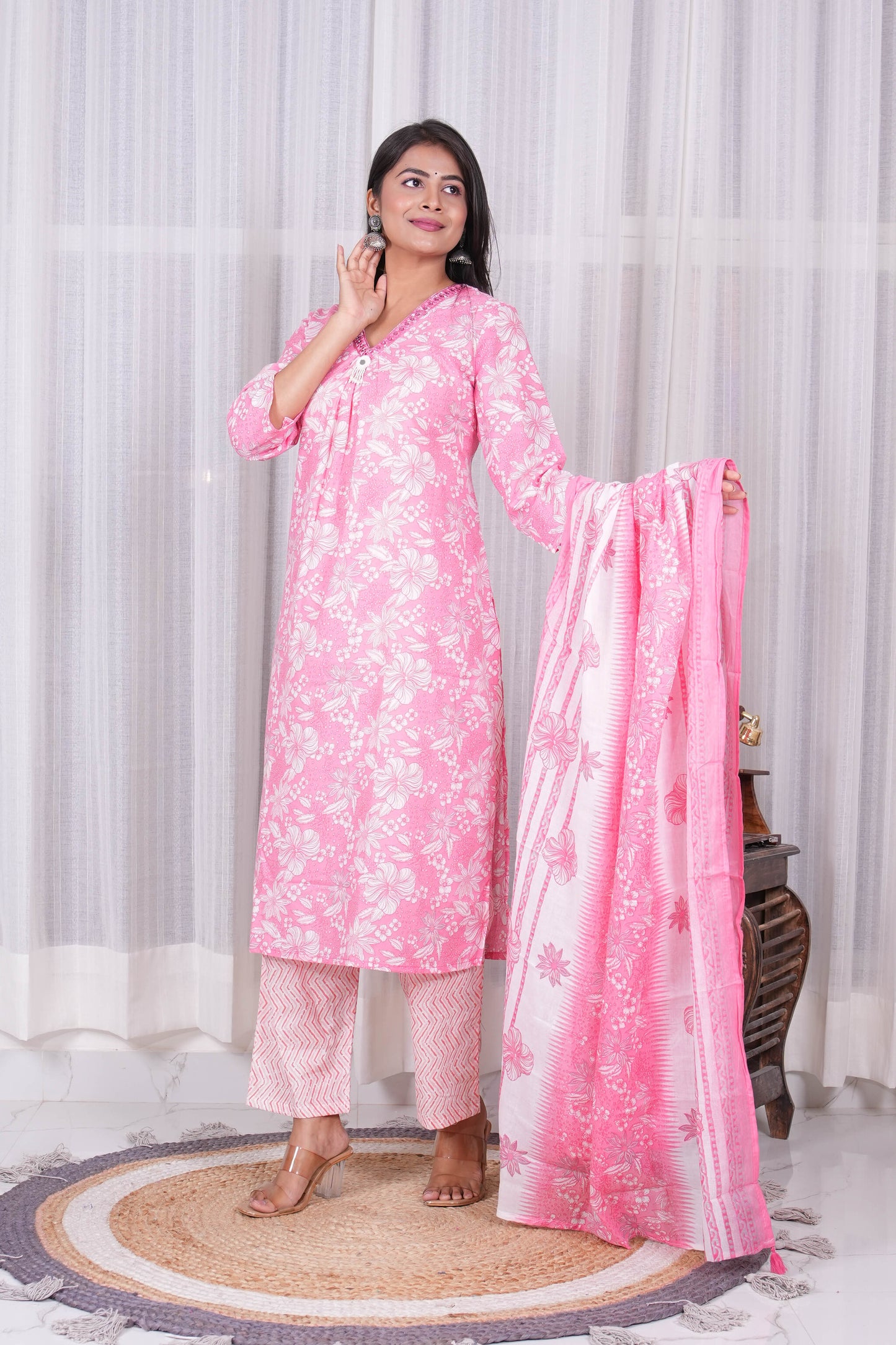 Pink Floral Printed Kurta Set