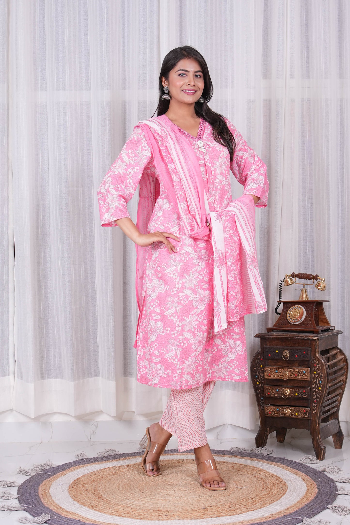 Pink Floral Printed Kurta Set