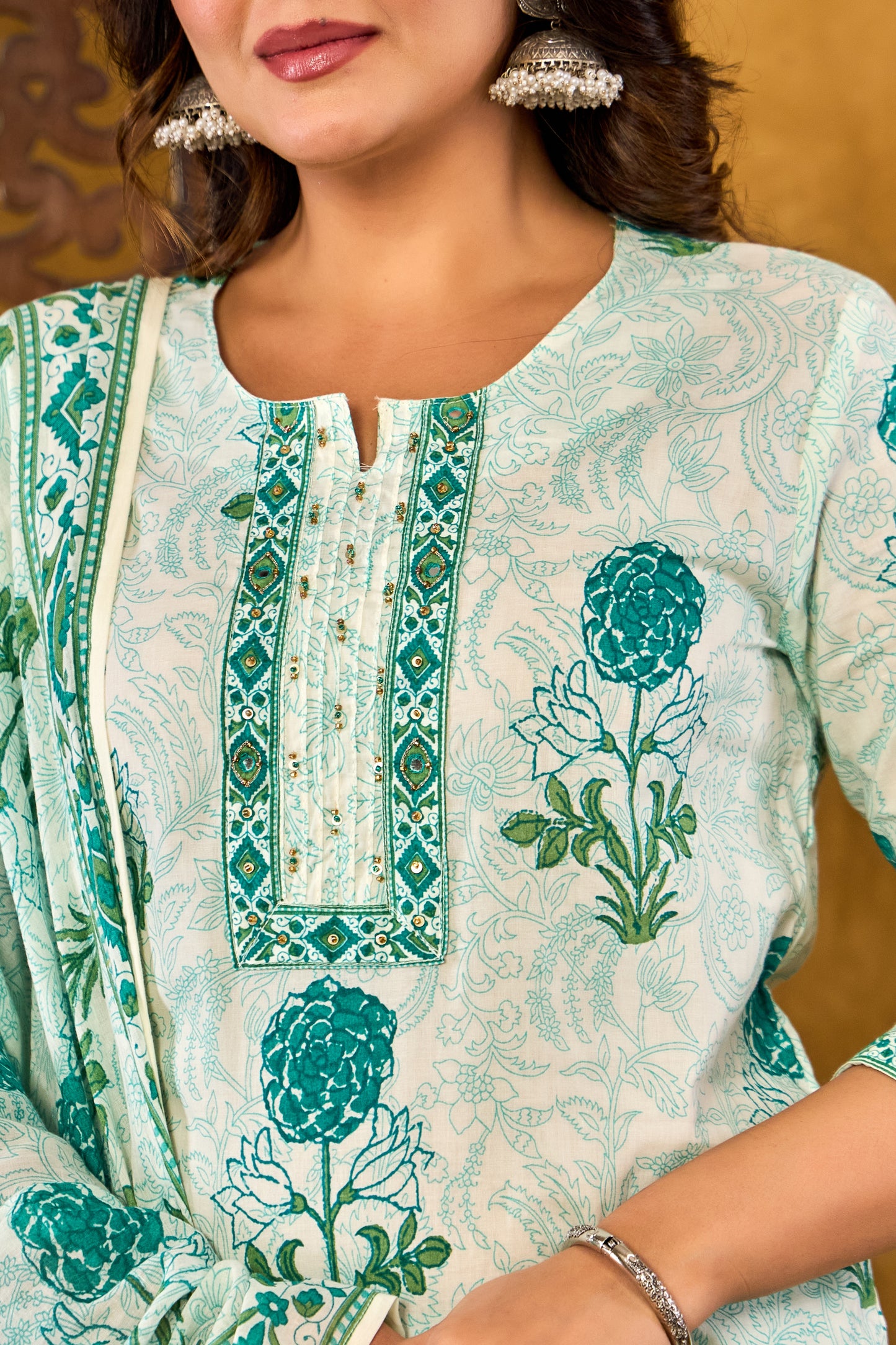 Aqua-Green Floral Printed Kurta Set