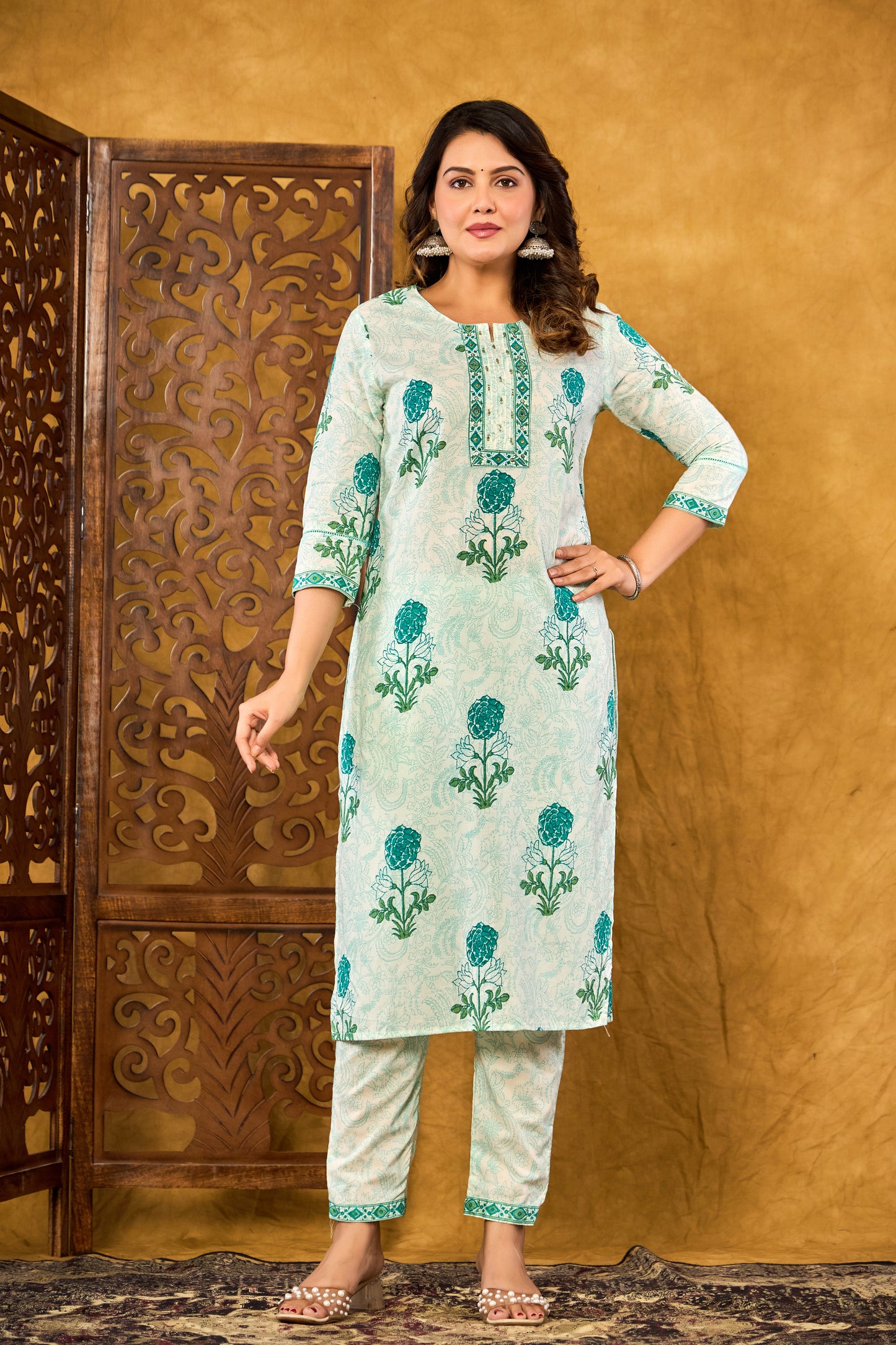Aqua-Green Floral Printed Kurta Set
