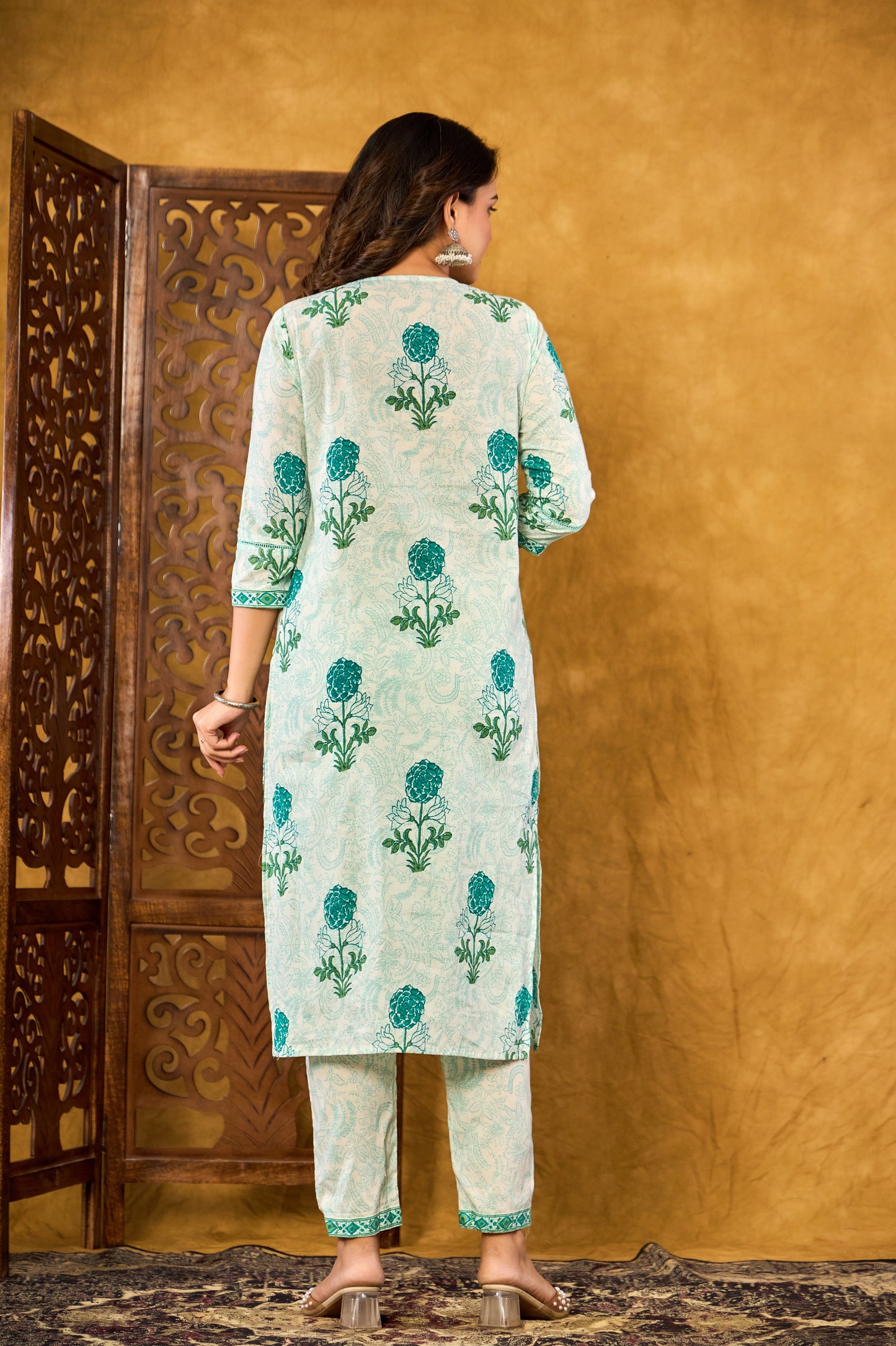 Aqua-Green Floral Printed Kurta Set
