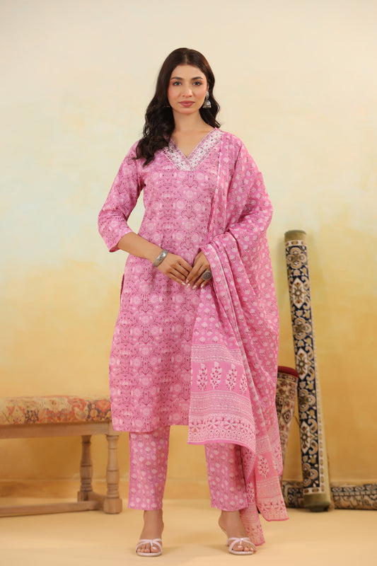 Pink Cotton Kurti Set