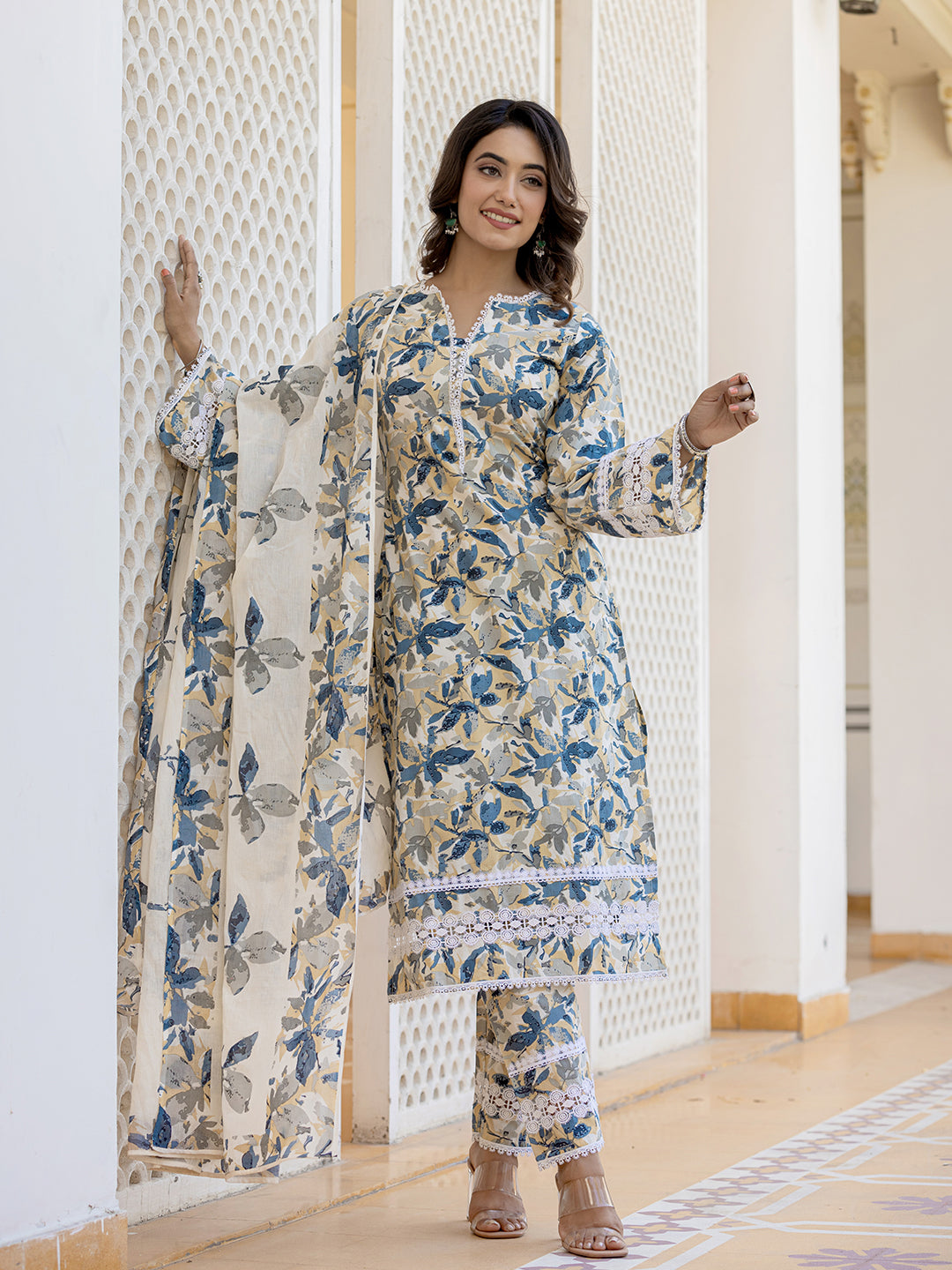 Beige Printed Kurti Set