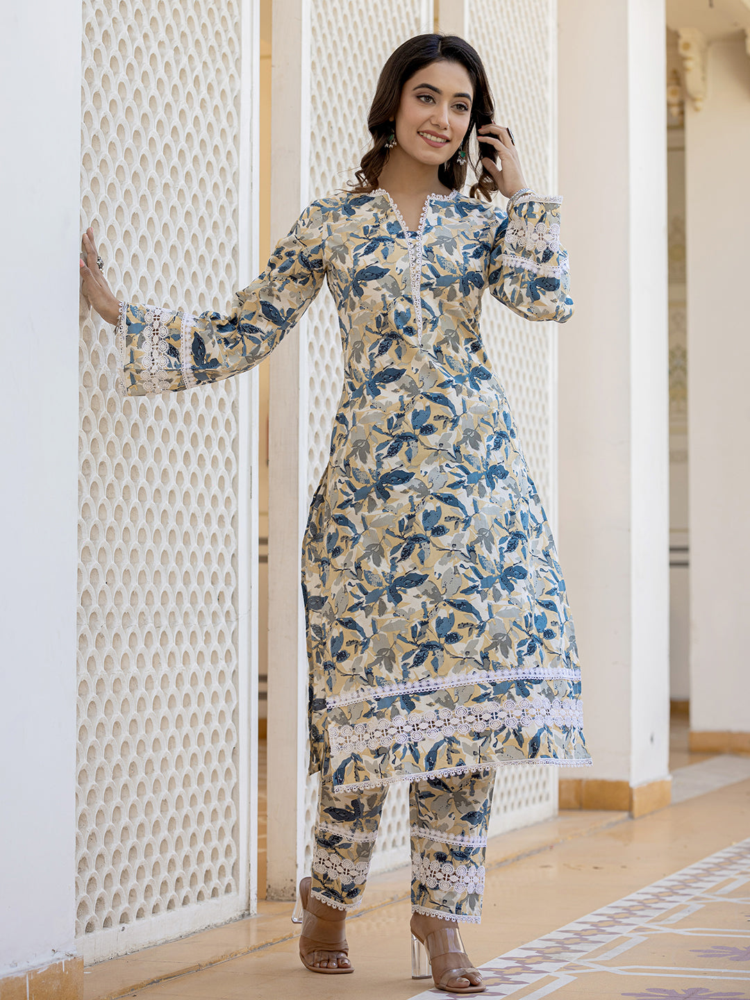 Beige Printed Kurti Set