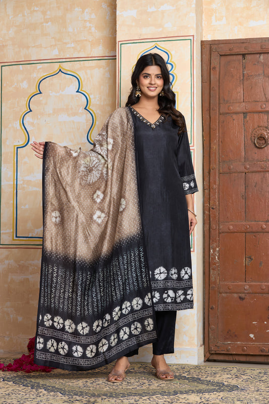 Black and Beige Tie-Dye Kurta Set