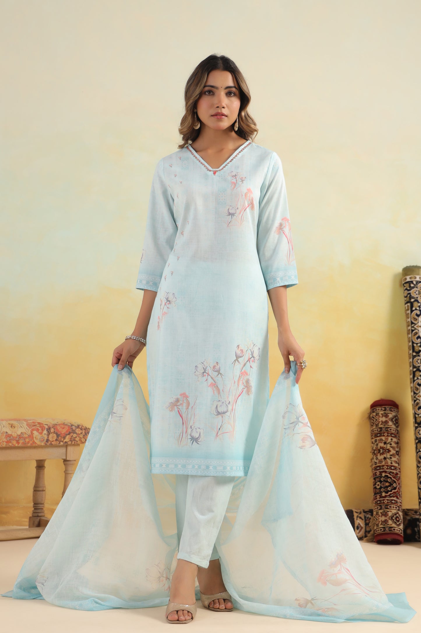 Blue Printed Kurti Set