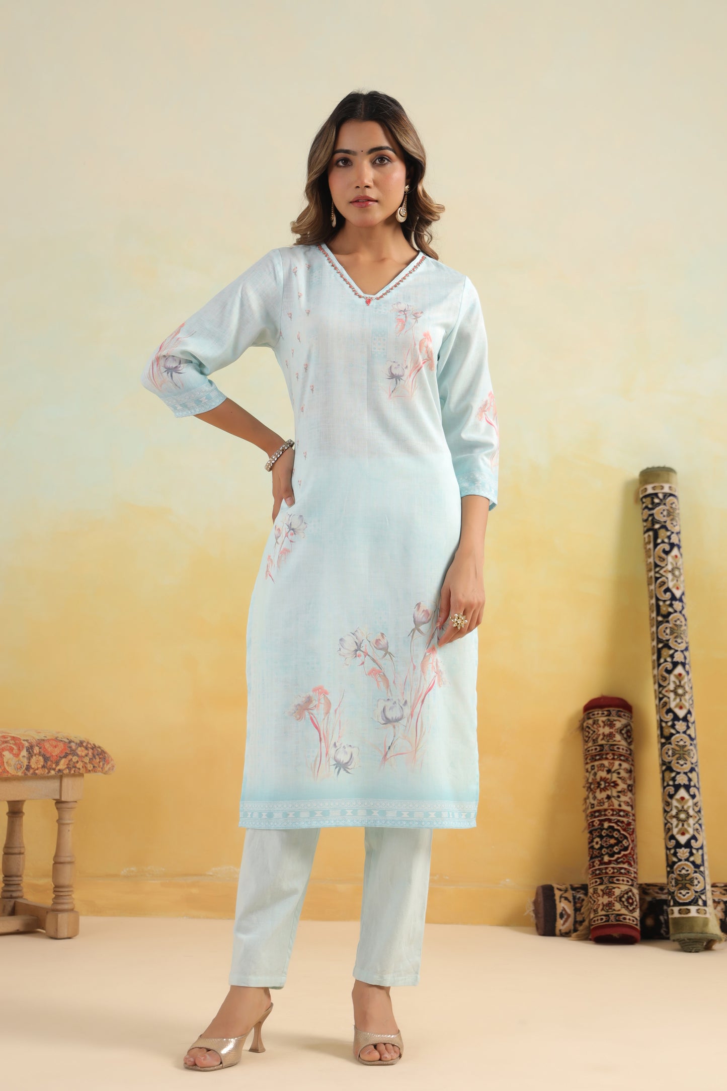 Blue Printed Kurti Set