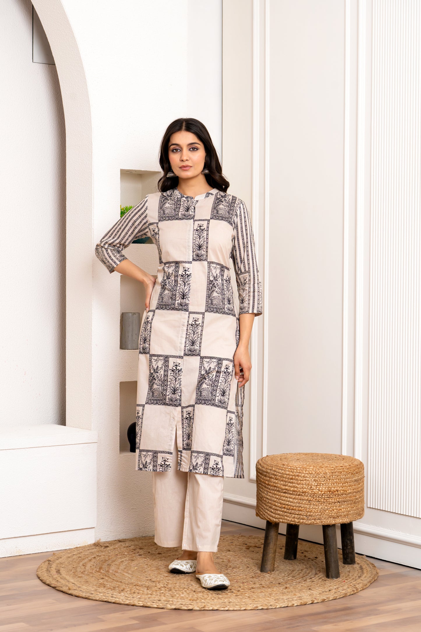 Blue and White Printed Kurti Set
