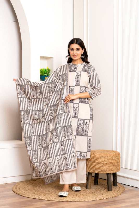 Blue and White Printed Kurti Set