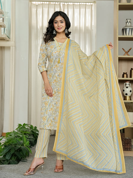 Yellow Printed Kurti Set
