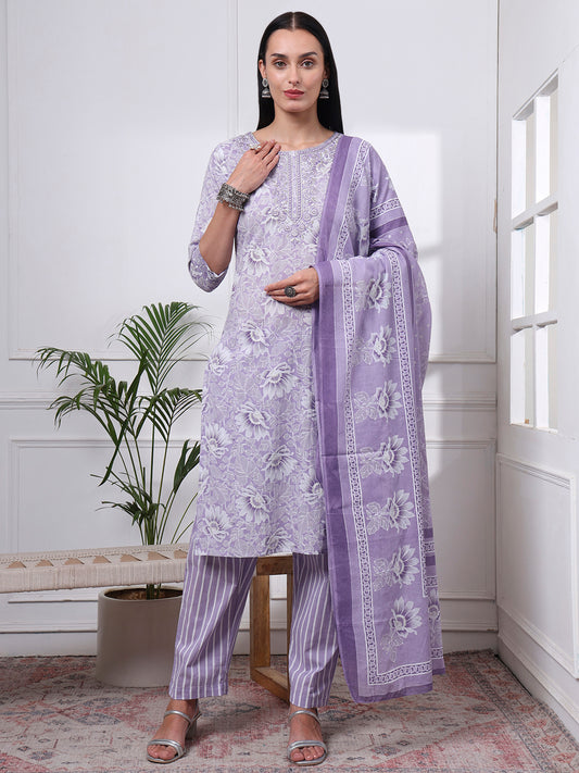 Purple Printed Kurti Set