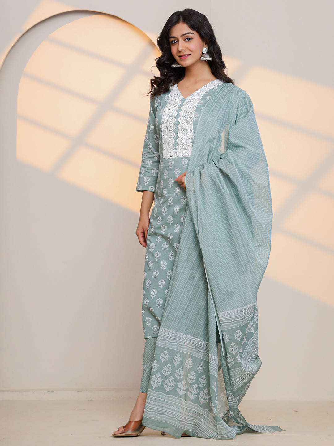 Green Printed Kurti Set