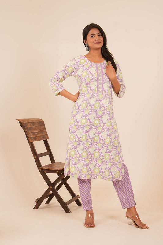 Purple Printed Kurti Set