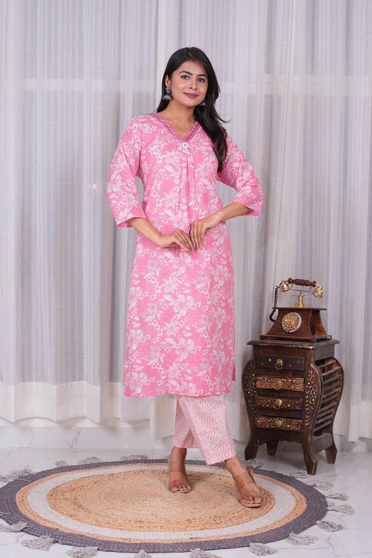 Pink Floral Printed Kurta Set