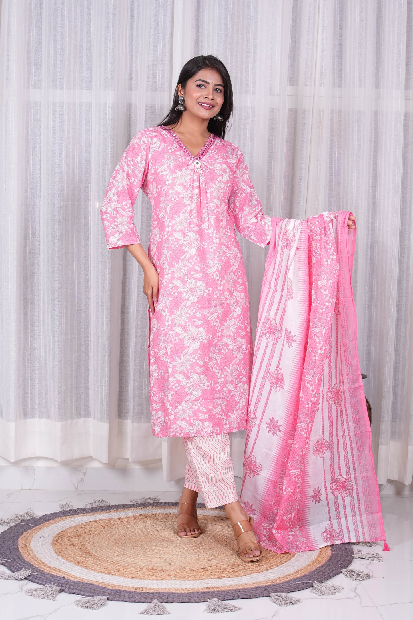 Pink Floral Printed Kurta Set