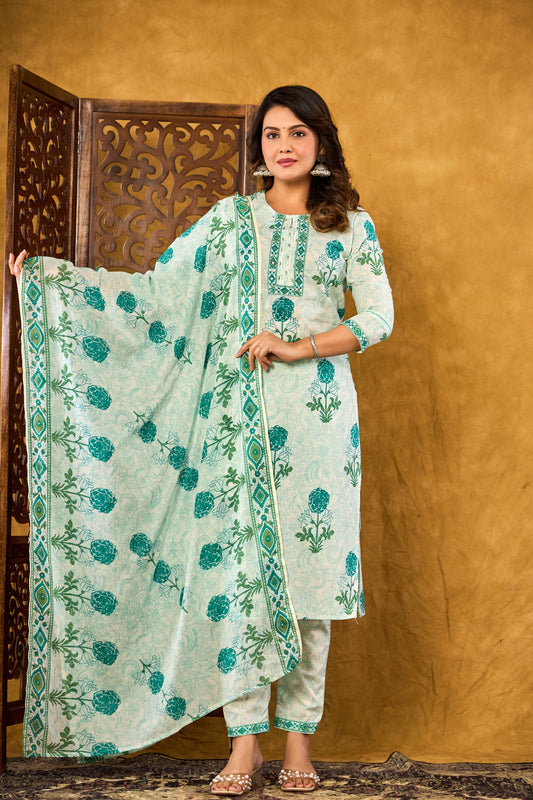 Aqua-Green Floral Printed Kurta Set