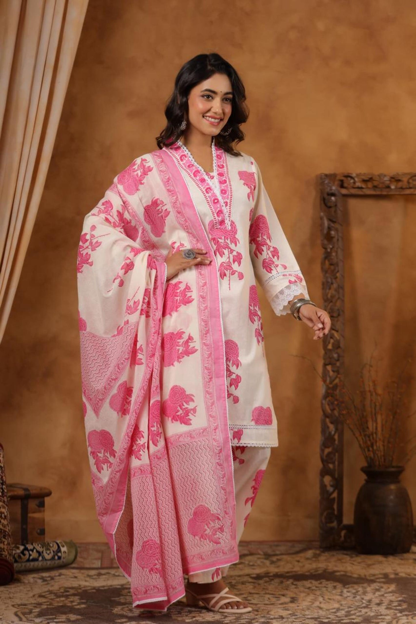 Pink and White Cotton Kurti Set
