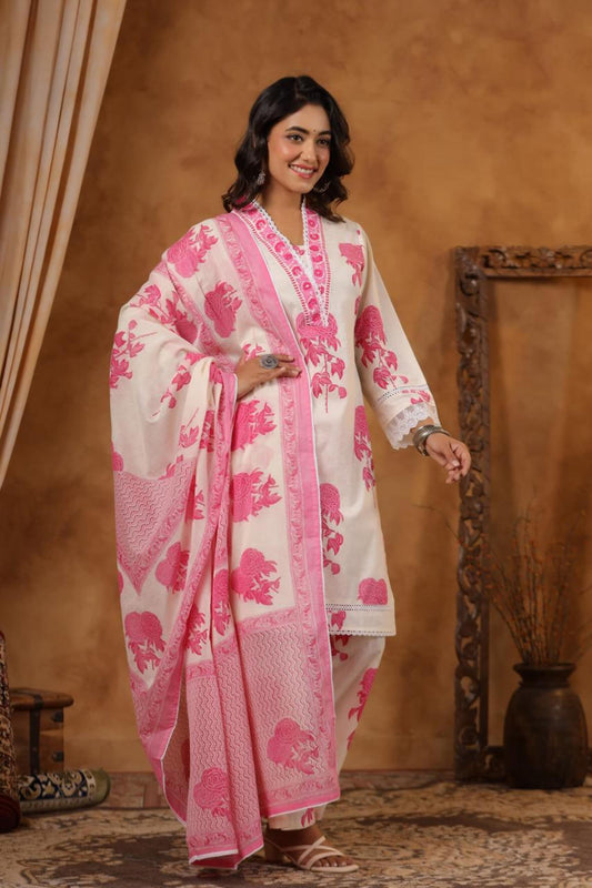 Pink and White Cotton Kurti Set