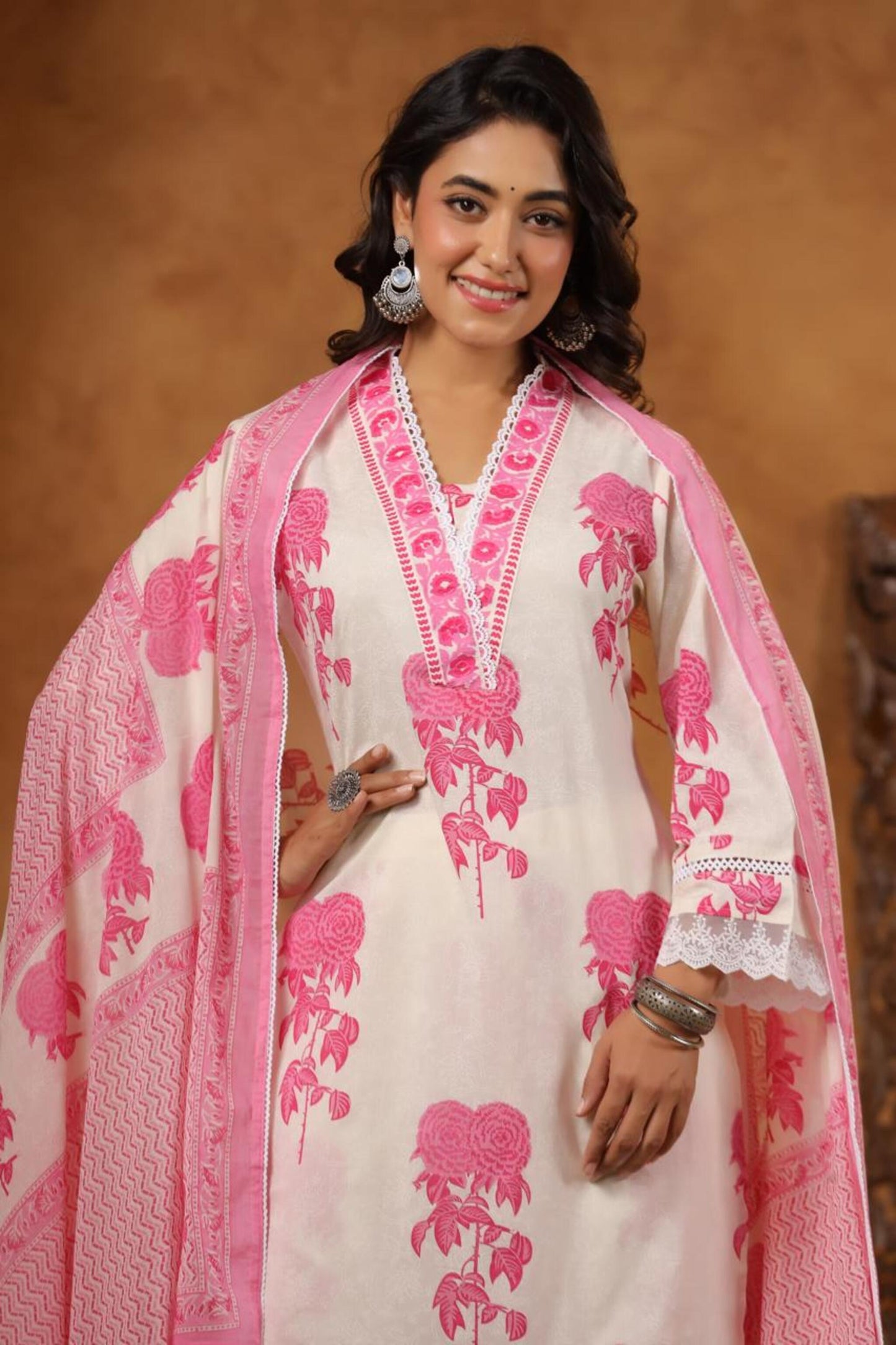Pink and White Cotton Kurti Set