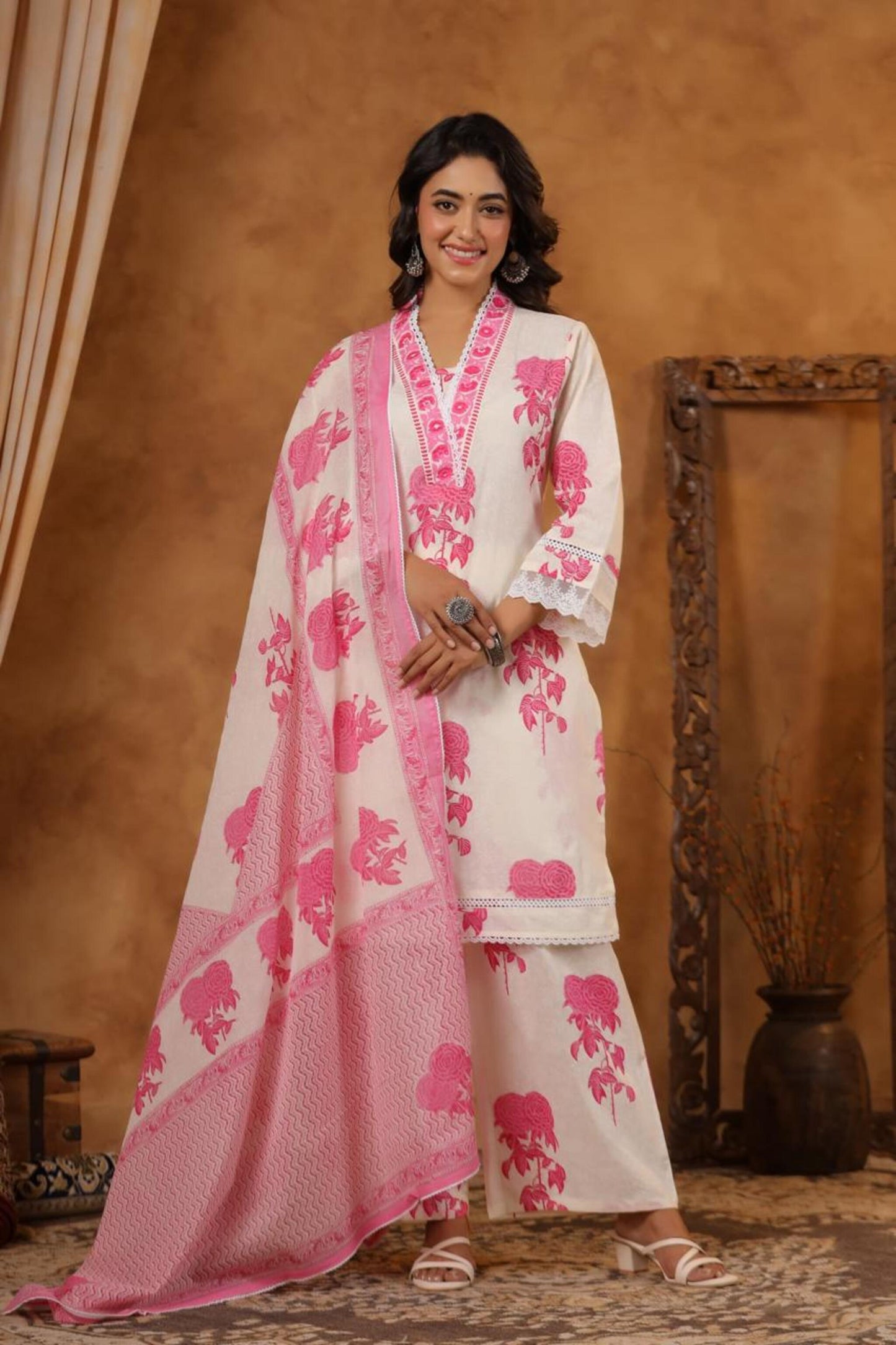 Pink and White Cotton Kurti Set