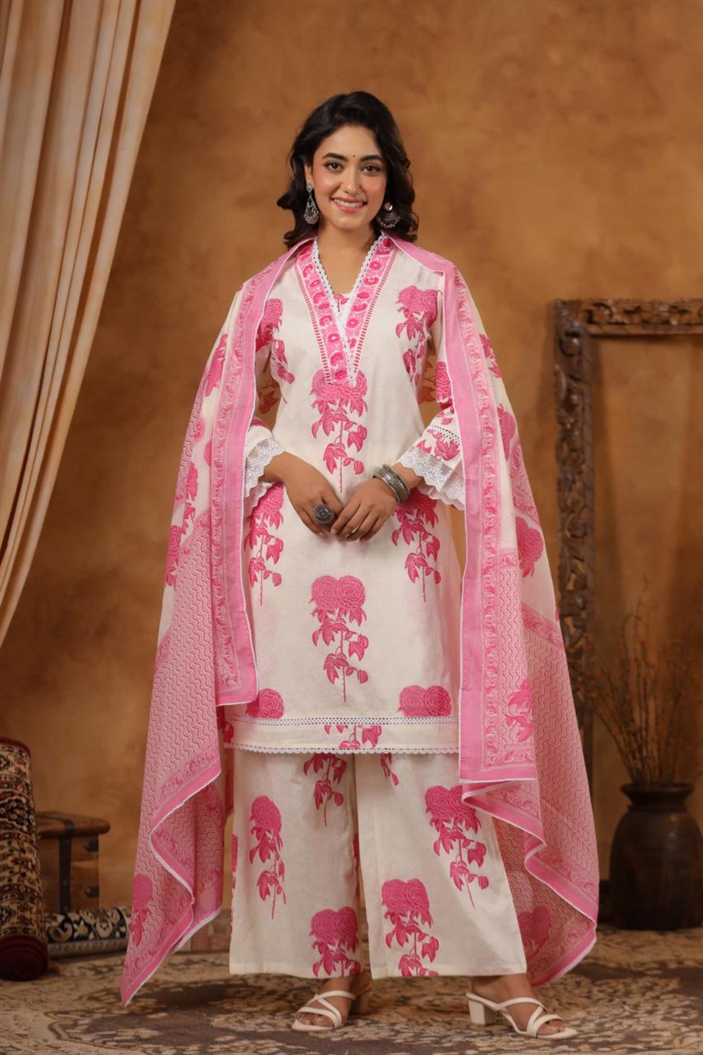 Pink and White Cotton Kurti Set