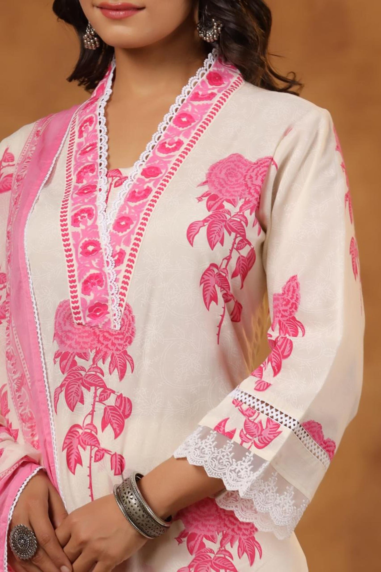 Pink and White Cotton Kurti Set