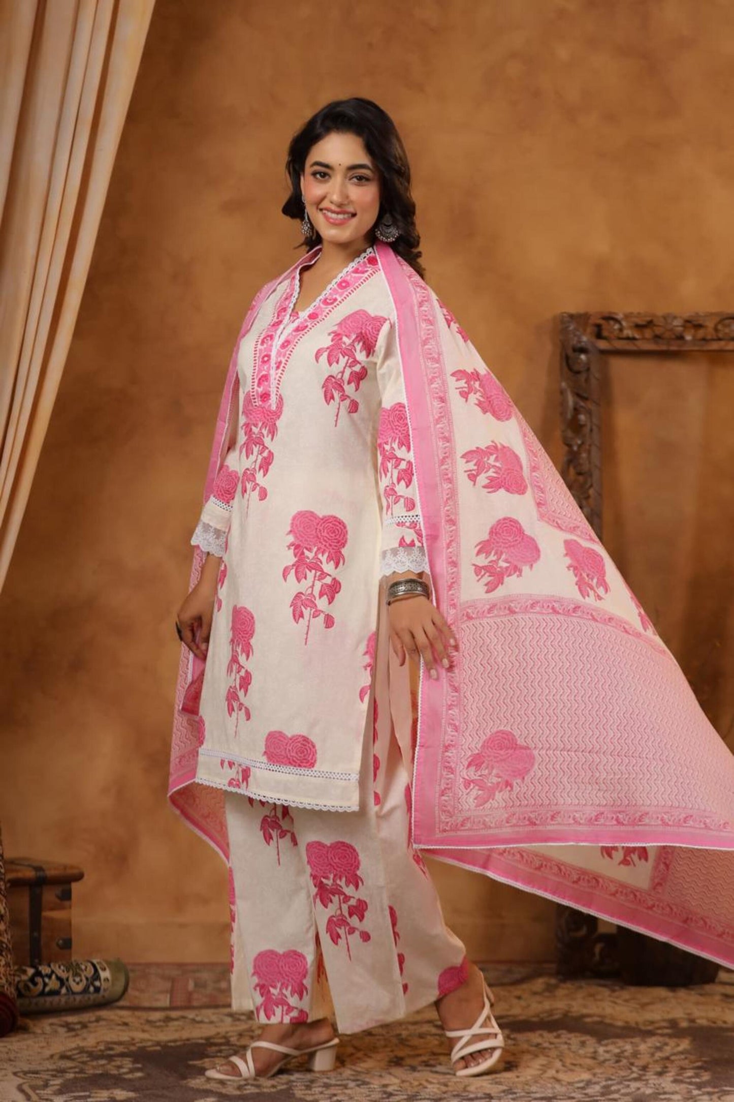 Pink and White Cotton Kurti Set