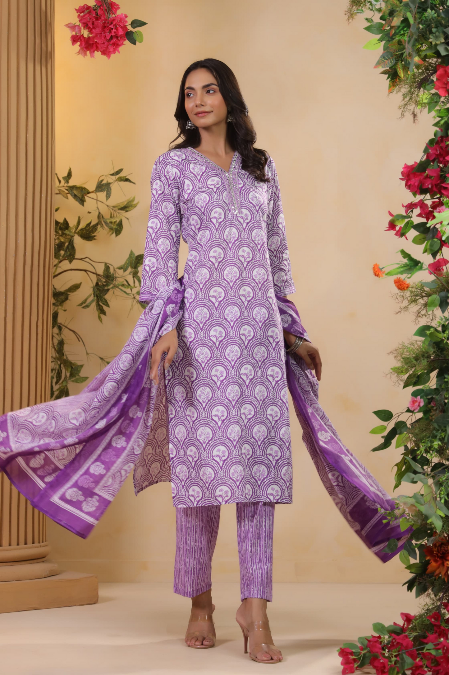 Purple Printed Kurti Set