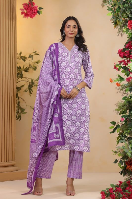 Purple Printed Kurti Set